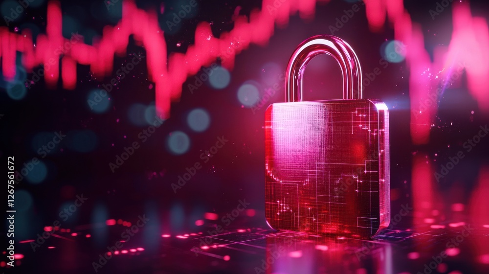 Poster a digital padlock symbolizes cybersecurity, surrounded by vibrant data patterns, highlighting the im