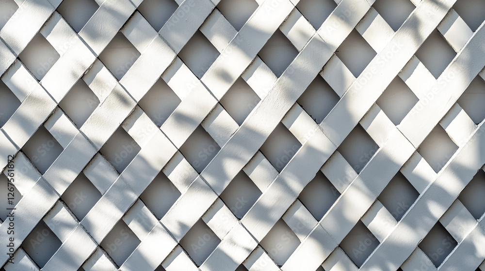 Poster intricate patterns of light and shadow play on a white lattice fence under the afternoon sun in a se