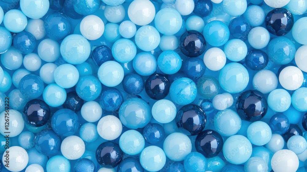 Poster a vibrant array of blue and turquoise spheres in various sizes, creating a visually striking and tex