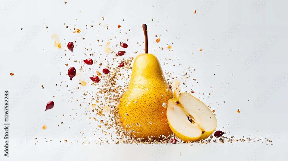 Poster a vibrant yellow pear explodes in a burst of color and texture against a white background. a visuall