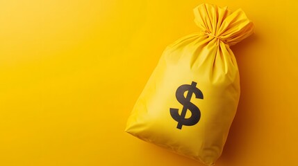 Yellow Money Bag with Dollar Sign on Bright Background