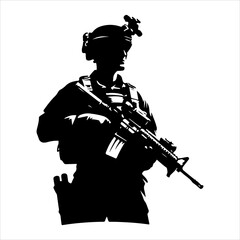 Soldier silhouette vector. Silhouette of army military with machine guns vector  