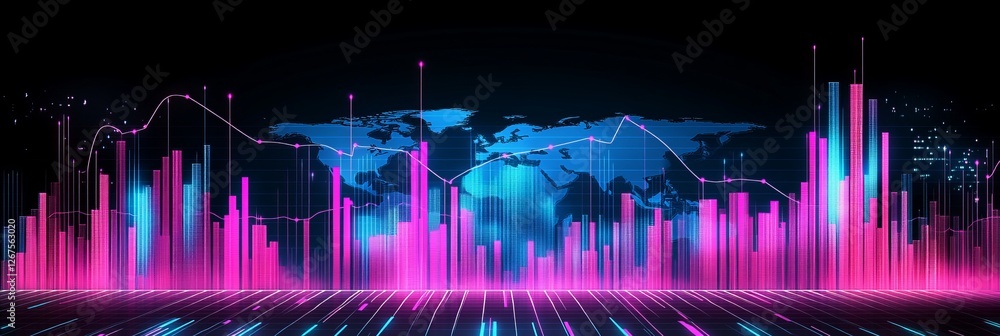 Poster global financial market data visualization, abstract background with line graphs and world map