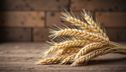 Minimalistic bundle of golden wheat on rustic wooden surface, emphasizing natural beauty for Maundy Thursday