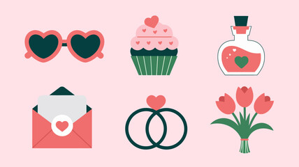 Six Valentine's Day items: a sunglasses, a cupcake with heart sprinkles, a love potion bottle, a red envelope with a heart stamp, a pair of intertwined wedding rings, and a bouquet of tulips