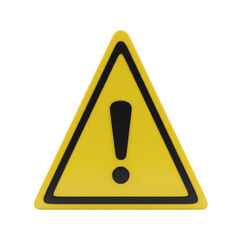 Warning! Hazard Alert Sign: 3D Render of a Yellow Triangle with an Exclamation Mark. Isolated on Transparent Background.