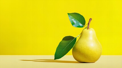 A single, ripe pear with vibrant green leaves against a sunny yellow backdrop.  A fresh, minimalist still life.
