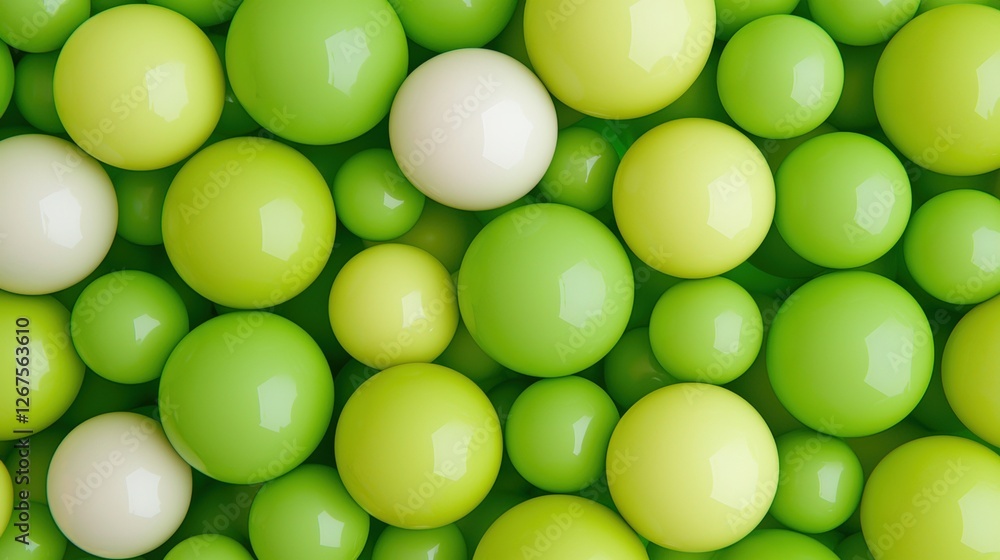 Poster a vibrant assortment of green and white spheres, varying in size, creating a visually appealing and 