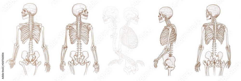 Aufkleber Detailed anatomical illustrations of human skeleton from multiple perspectives showcasing bone structure and positioning. Generative AI