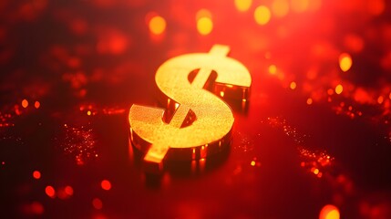 Glittering Golden Dollar Sign on Red Sparkling Background