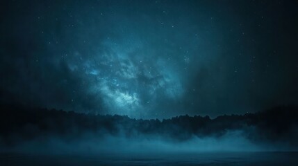 Fototapeta premium Night sky, starlit clouds over misty forest, serene landscape, background image