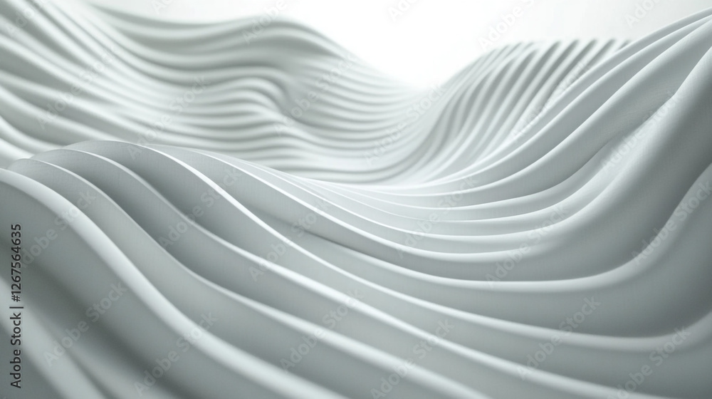 Poster waves of flowing white curves create a serene atmospheric experience in a modern setting