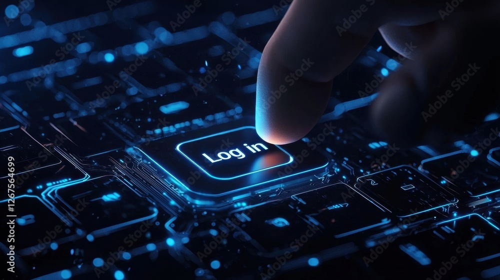 Poster close-up of a finger pressing the log in button on a futuristic keyboard with digital effects and hi
