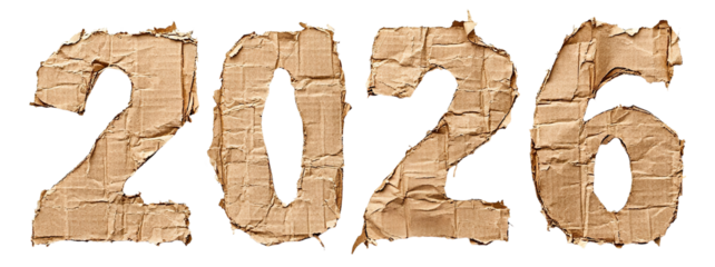 Torn cardboard 2026 numbers with rugged texture, isolated on transparent cutout background