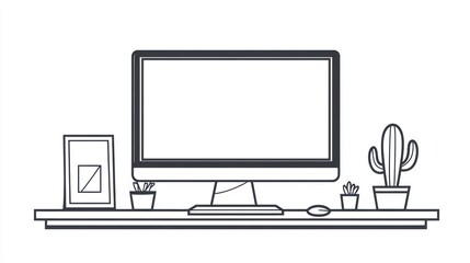 Simple Workspace with Computer and Plants