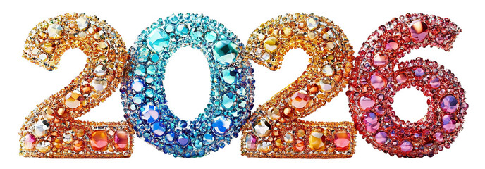 Luxury sparkling 2026 numerals encrusted with colorful gemstones and gold texture, isolated on transparent cutout background