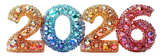 Luxury sparkling 2026 numerals encrusted with colorful gemstones and gold texture, isolated on transparent cutout background