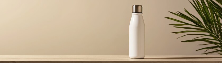 Fototapeta premium Elegant white stainless steel water bottle on a wooden table with greenery in a minimalist setting