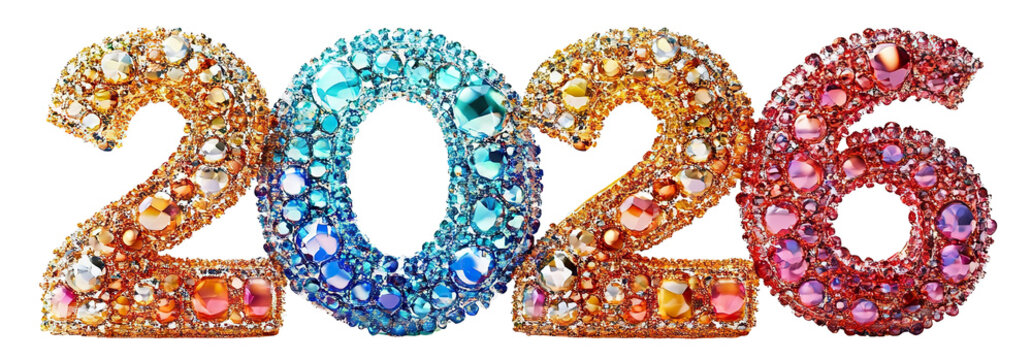Luxury sparkling 2026 numerals encrusted with colorful gemstones and gold texture, isolated on transparent cutout background