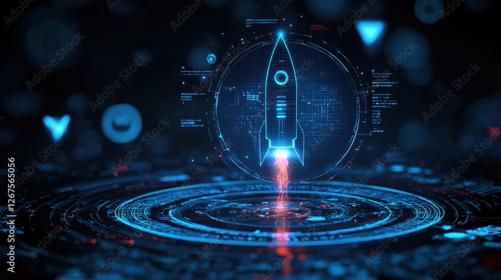 Poster futuristic space rocket launching in digital setting with abstract technology elements and blue and 
