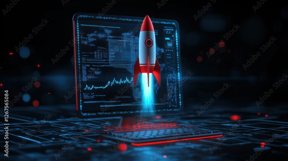 Poster modern technology concept showing rocket launching from computer screen with futuristic data visuali