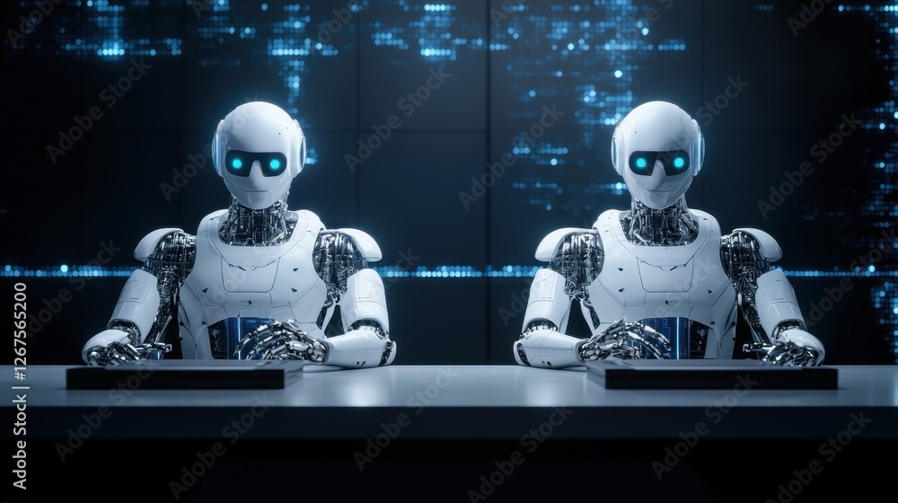 Aufkleber two futuristic robots with blue eyes at a high-tech control center surrounded by digital data and in