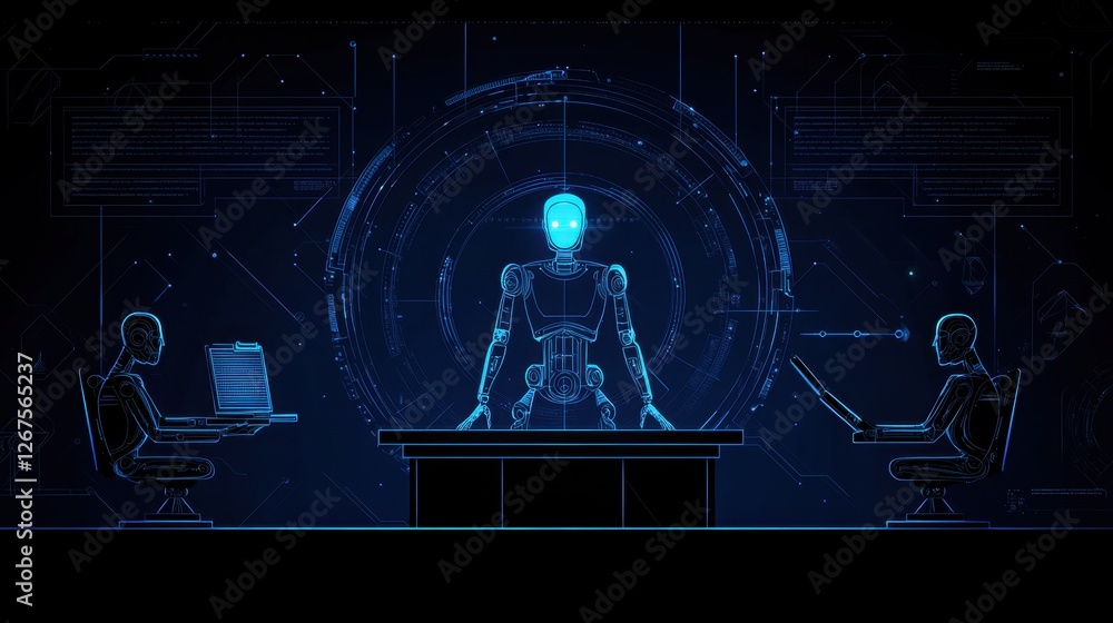 Poster futuristic illustration of a robotic entity engaging with human operators in a technology-inspired e