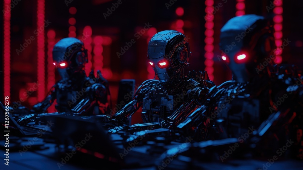 Poster futuristic robots operating in a high-tech environment with red lighting and advanced tech elements