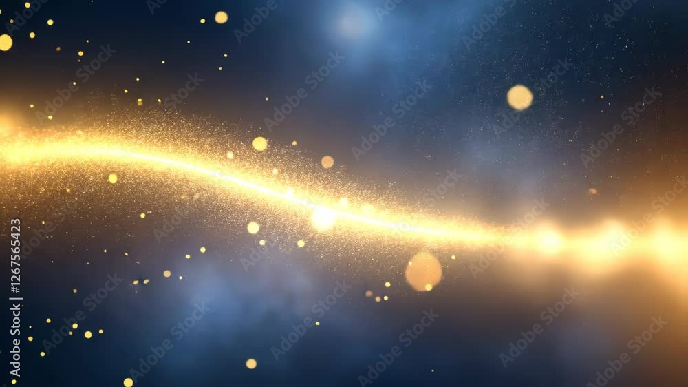 Poster vibrant energy wave of golden particles flows through cosmic background creating dynamic and mystica