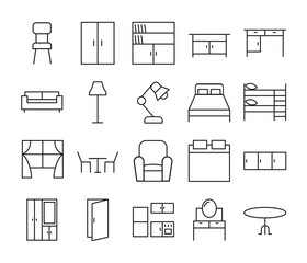 Furniture icon set in simple thin line. Collection of icons related to home decoration, including door, bed, sofa, chair, table cupboard, lamp, etc. Vector Illustration. Editable stroke.