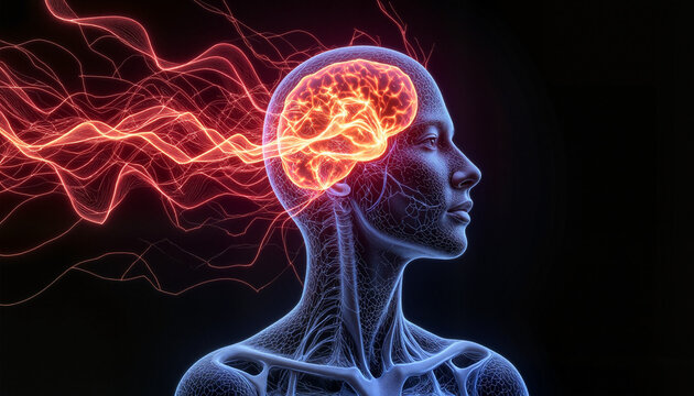 Abstract figure representing mental overload and anxiety, glowing brain with illuminated lines