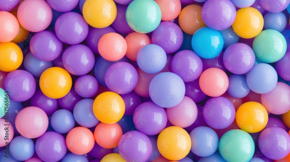 Poster a vibrant collection of colorful plastic balls in various sizes, creating a playful and cheerful atm