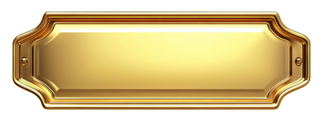 Golden metal nameplate with embossed corners, isolated on transparent cutout background
