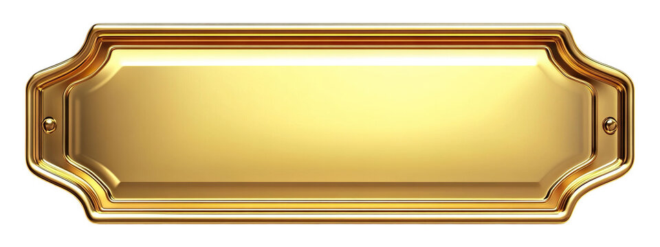 Golden metal nameplate with embossed corners, isolated on transparent cutout background