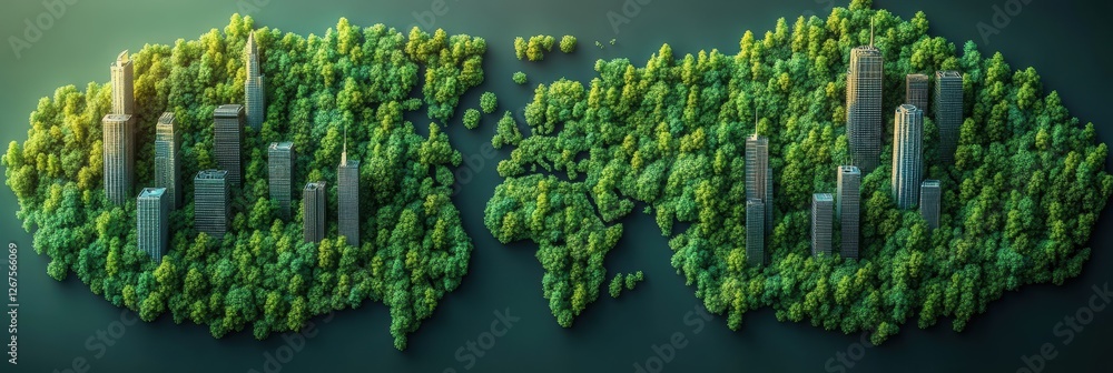 Poster world map created from lush green trees with urban structures integrated throughout