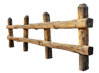 Rustic wooden fence made of natural logs, isolated on transparent cutout background