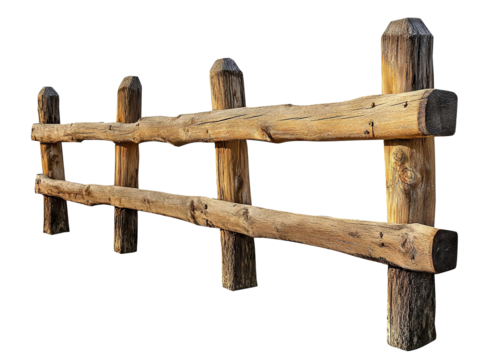 Rustic wooden fence made of natural logs, isolated on transparent cutout background