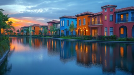 Obraz premium Colorful waterfront homes reflect in calm water at sunset in a vibrant residential area