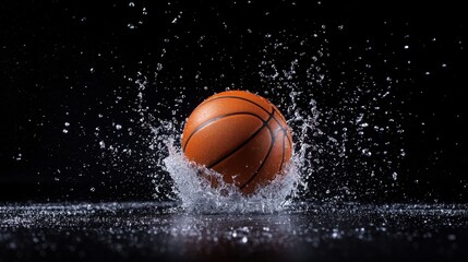 Dynamic Action of a Basketball Splashing in Water Against a Dark Background Capturing Motion and Energy in Sports Photography