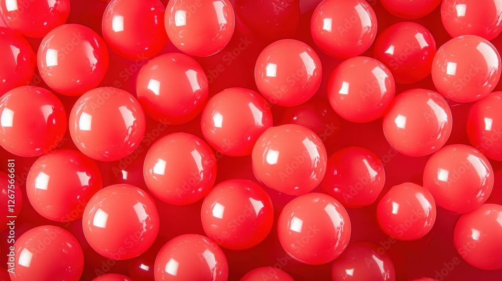Poster a close-up view of numerous vibrant red balls clustered together, showcasing a smooth texture and gl
