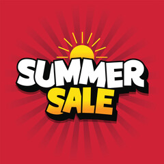 Summer sale banner design with 3d text and sun vector illustration on red color retro background. Summer holidays discount label, sticker, tags for backdrop, billboard, poster, web banner.