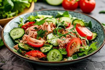 White bowl filled with a colorful salad of tomatoes, cucumbers, and fish.
