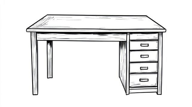 Simple line drawing of a wooden desk with drawers. Possible use for educational resources or illustrations