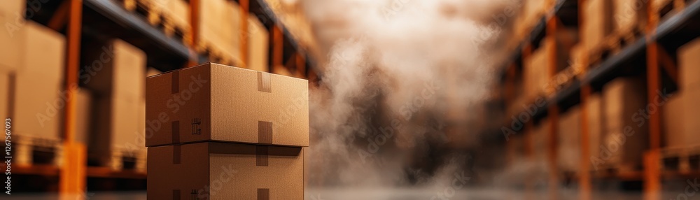 Poster a blurred view of a storage area filled with stacked cardboard boxes, creating an atmosphere of orga