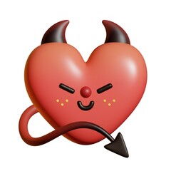 Devil heart character. Wicked heart with horns and a tail. Valentine's Day mascot in 3d. Dangers of love concept in cute style.