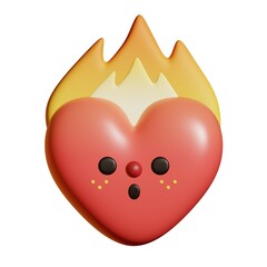 Heart character on fire. Heart mascot burning with love. Cute 3d element for Valentine's Day. Dangers of love concept.
