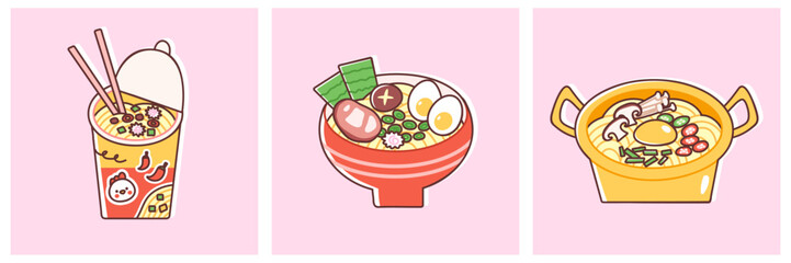 Set of instant cup noodles, ramen in a bowl and ramen in a pot. Vector illustration of Asian noodle dishes with eggs, mushrooms, scallions. Colorful and trendy flat style.