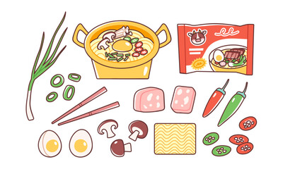 Golden pot of cooked instant ramen and ingredients one can add to it, like scallions, chili, ham, eggs. Vector illustration of tasty Asian noodles for dinner. Isolated elements on white background. 