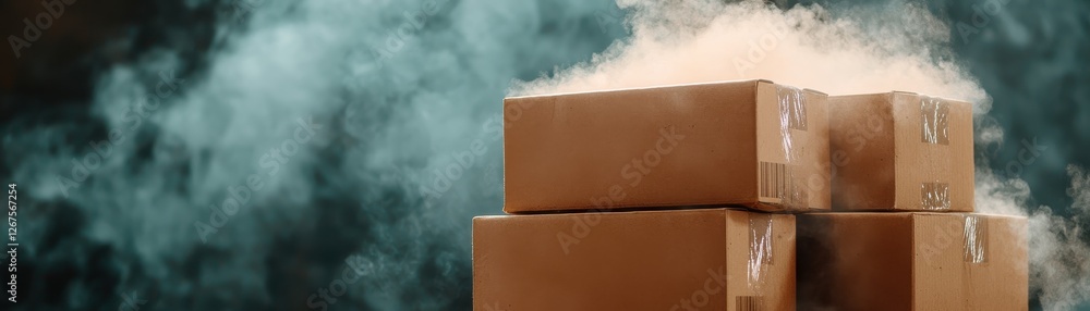 Poster stacked cardboard boxes partially covered in a misty, smoky atmosphere, creating a mysterious and in