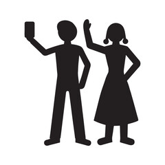 Continuous one line drawing of two friends, boy and girl taking selfies with smartphone. Editable stroke. Vector illustration.